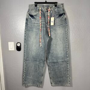 MNML Mega Baggy Waxed Denim Pant, Medium Blue, S